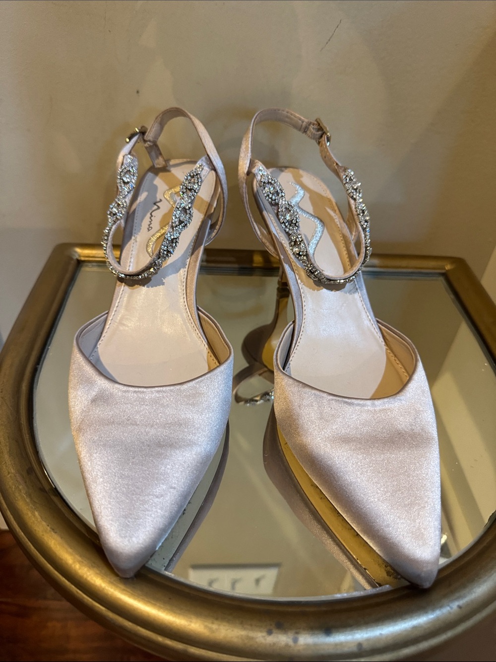 Nina Blush Satin Pointed-Toe Slingback Mules with Crystal Strap